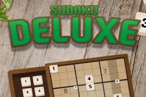 緑色の文字で「DE LUXE」と書かれているロゴの下に、数独パズルが表示された木目調の背景。