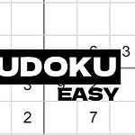白い背景に黒の大文字で「SUDOKU EASY」と書かれた四角形があり、その後ろに部分的に数字が入ったグリッドが見える。