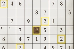 数独のグリッドに数字がいくつか配置されており、一部のマスが黄色で強調表示されている。