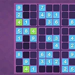 紫の背景に青と緑の数字が入った格子状のパズル。