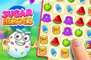キャラクターがパズルゲームのアイコンとカラフルなフルーツやアイテムが並んだグリッドを指で指している。