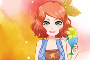 赤い髪のキャラクターが緑の目をしており、花飾りのついたカクテルを持っている。