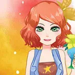 赤い髪のキャラクターが緑の目をしており、花飾りのついたカクテルを持っている。