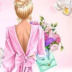 花柄の背景に、ピンクのオープンバックドレスを着た女性が背中を見せ、花束とミントグリーンのハンドバッグを持っている。