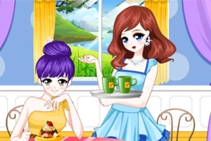 カフェで女性がスイーツを食べ、もう一人の女性が飲み物を運んでいるイラスト。
