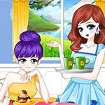 カフェで女性がスイーツを食べ、もう一人の女性が飲み物を運んでいるイラスト。