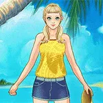 金髪の女性が黄色のタンクトップとデニムのスカートを着て、ビーチの背景に立っている。