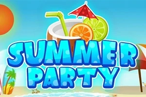 ビーチの景色にカクテルとストローが描かれた「SUMMER PARTY」の文字。