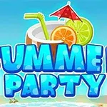 ビーチの景色にカクテルとストローが描かれた「SUMMER PARTY」の文字。