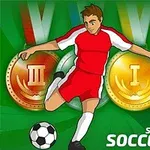 サッカーボールを蹴る赤いユニフォームの選手と、背景に金と銅のメダル。