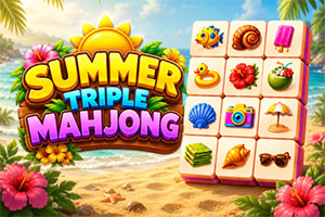 南国の砂浜とハイビスカスを背景に、麻雀牌と「SUMMER TRIPLE MAHJONG」のカラフルなロゴが描かれたイラスト