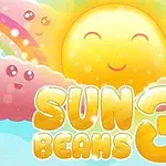 笑顔の太陽と色とりどりの虹を背景にした雲がアニメ風に描かれている。