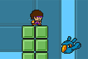 緑色のブロックの上に立つドット絵のキャラクターと青い鳥が描かれた場面。