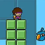 緑色のブロックの上に立つドット絵のキャラクターと青い鳥が描かれた場面。