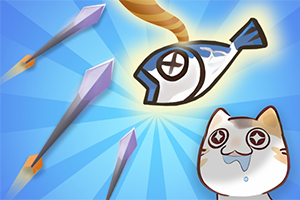 青い背景に、魚を見上げてよだれを垂らしている猫と飛ぶ矢印が描かれているイラスト。
