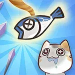 青い背景に、魚を見上げてよだれを垂らしている猫と飛ぶ矢印が描かれているイラスト。