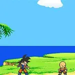 海辺の草地に立つ、キャラクターが3人描かれたピクセルアートの風景。