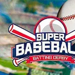 野球のボールとバットがロゴの背後にあり、「Super Baseball Batting Derby」の文字がデザインされた画像。