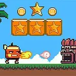 青空と白い雲を背景に、キャラクターが敵に向かって火の玉を吐いている場面で、上には3つの星が描かれたブロックとコインが浮いている。