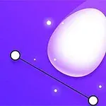 紫色の背景に白い光る卵と2つの結ばれた白い点。