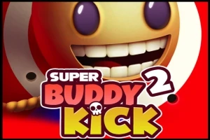 大きな笑顔のキャラクターが中央に描かれ、下部に「SUPER BUDDY KICK 2」の文字が表示された赤い背景の画像。