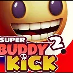 大きな笑顔のキャラクターが中央に描かれ、下部に「SUPER BUDDY KICK 2」の文字が表示された赤い背景の画像。