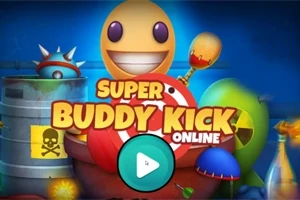 笑顔のキャラクターと色とりどりのアイテムが背景にある派手なデザインのゲーム画面。