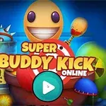笑顔のキャラクターと色とりどりのアイテムが背景にある派手なデザインのゲーム画面。