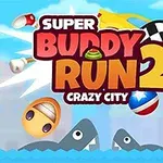 明るい背景にキャラクターや車、旗、サメが描かれたカラフルなイラスト。