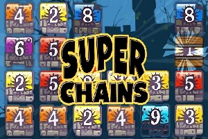 カラフルな数字が書かれたブロックが並んでおり、中央に「SUPER CHAINS」と大きく書かれているデザイン。