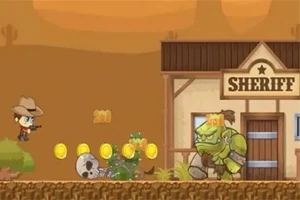 カウボーイのキャラクターが保安官の建物の前で緑色のモンスターと対峙し、コインが宙に浮いているシーン。
