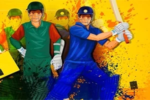 青と緑のユニフォームを着たクリケット選手たちがカラフルな背景の前でバットを構えているイラスト。
