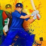 青と緑のユニフォームを着たクリケット選手たちがカラフルな背景の前でバットを構えているイラスト。