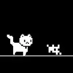 白い猫と犬が黒い背景の上に描かれているドット絵。