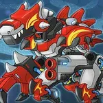 赤と灰色の恐竜型ロボットが背景に青い模様とともに描かれているイラスト。