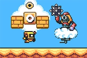 雲に乗った敵キャラクターがトゲ付きの武器を持ち、ブロックや小さなキャラクターがいるカラフルなピクセルアートシーン。
