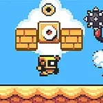 雲に乗った敵キャラクターがトゲ付きの武器を持ち、ブロックや小さなキャラクターがいるカラフルなピクセルアートシーン。