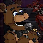 茶色のクマと赤と青のキャラクターがマイクを持っているシーン。