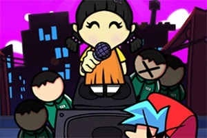 紫色の空を背景に、女の子がマイクを持ち、他のキャラクターたちとスピーカーの上でパフォーマンスをしている様子。