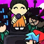 紫色の空を背景に、女の子がマイクを持ち、他のキャラクターたちとスピーカーの上でパフォーマンスをしている様子。