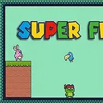 カラフルな文字で「SUPER FROG」と書かれたロゴの下に、ウサギ、カエル、青い鳥、ヘビが表示されているイラスト。