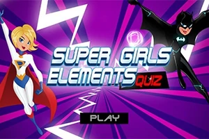 紫の背景にスーパーヒーロー風の女性キャラクターが2人描かれた「Super Girls Elements Quiz」のタイトル画面。