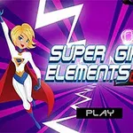 紫の背景にスーパーヒーロー風の女性キャラクターが2人描かれた「Super Girls Elements Quiz」のタイトル画面。