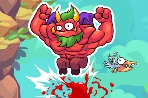 筋肉質の赤い悪魔が空中でジャンプし、鳥が横を通過しているイラスト。