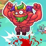 筋肉質の赤い悪魔が空中でジャンプし、鳥が横を通過しているイラスト。