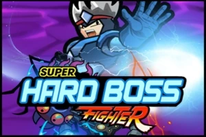 青い鎧を着たキャラクターがエネルギーを発している姿と「SUPER HARD BOSS FIGHTER」のテキストが配置されたイラスト。