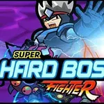 青い鎧を着たキャラクターがエネルギーを発している姿と「SUPER HARD BOSS FIGHTER」のテキストが配置されたイラスト。
