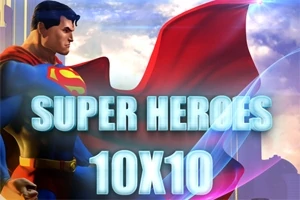青いコスチュームと赤いマントを着たヒーローが背景に現れ、「SUPER HEROES 10X10」という文字が前景に浮かんでいるイメージ。