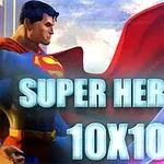 青いコスチュームと赤いマントを着たヒーローが背景に現れ、「SUPER HEROES 10X10」という文字が前景に浮かんでいるイメージ。