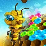 蜂のキャラクターがカラフルな六角形のタイルの上に立っている。